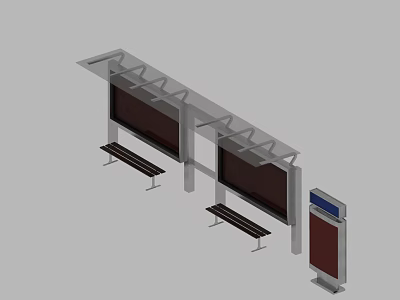 Swing Door Equipped Bus Stop Shelter With Benches And Digital Screens 3d model