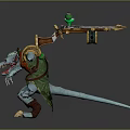Blue Skinned Red Eyed Clawed Monster And Green Gem Wielding Warrior Game Movie Characters