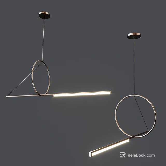 Modern Geometric Pendant Light Design With Circular Rings And Linear Illuminated Bars 3d model