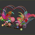 Pink Feather Plants In Heart Shaped Frame With Pink Spheres And Black Base