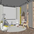 Modern Kids Entertainment Room Featuring Play Tent Projection Screen Yellow Chairs And Plush Rug