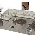 Modern Beige L Shaped Sofa and Wooden Coffee Table Set with Pillows and Decorative Rug