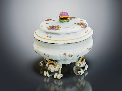 Porcelain Tableware Set With Lidded Container Decorative Lid Floral Patterns And Ornate Feet Base 3d model