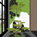 Indoor Garden Decor with Moss Wall Pine Tree Rocks Near Large Window and Wooden Accent