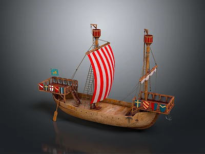 Ancient Wooden Sailing Ship Model with Red and White Striped Sail Decorative Flags and Towers 3d model
