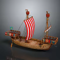 Ancient Wooden Sailing Ship Model with Red and White Striped Sail Decorative Flags and Towers