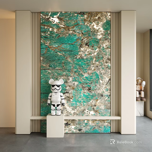 Teal Background Wall with Golden Veins Accompanied by White Stormtrooper Figure and Minimalist Display Shelf 3d model 