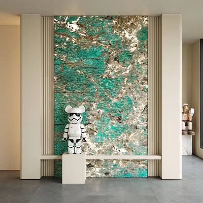 Teal Background Wall with Golden Veins Accompanied by White Stormtrooper Figure and Minimalist Display Shelf 3d model