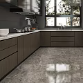 Modern Kitchen Interior With Dark Cabinets Large Windows And Marble Countertops 3d model