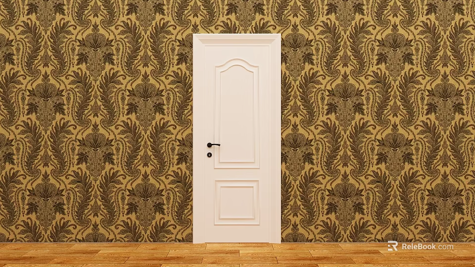 White Hinged Door in Room With Patterned Wallpaper and Wooden Floor 3d model 