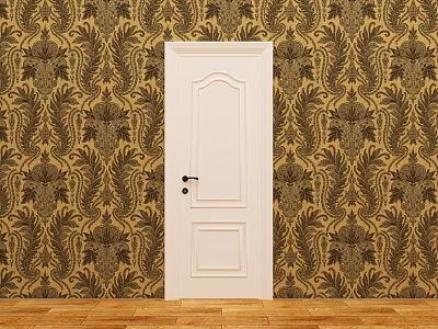 White Hinged Door in Room With Patterned Wallpaper and Wooden Floor 3d model