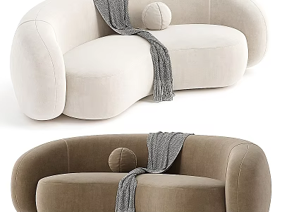 Curved Beige And Brown Sofa With Gray Throw Blanket And Round Pillow 3d model
