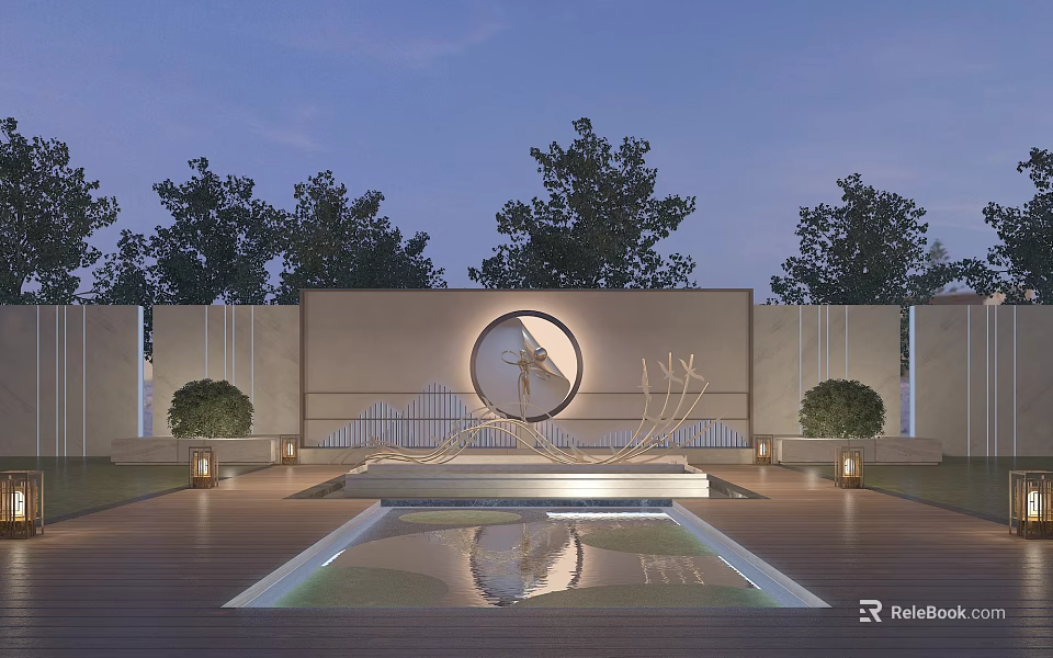 Modern Landscape Feature Wall Design With Circular Ornament Water Reflection Pool And Surrounding Trees 3d model