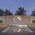 Modern Landscape Feature Wall Design With Circular Ornament Water Reflection Pool And Surrounding Trees 3d model