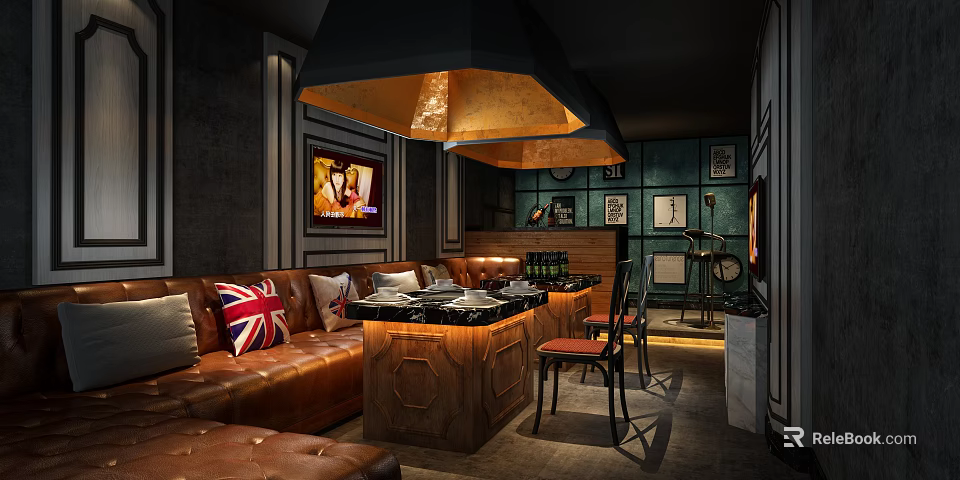 Vintage KTV Lounge Interior With Leather Sofas Union Jack Cushions And Decorative Paintings 3d model 