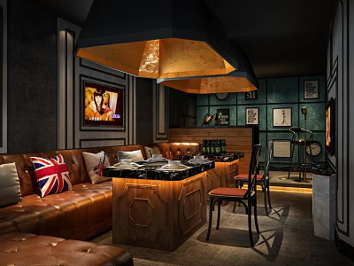 Vintage KTV Lounge Interior With Leather Sofas Union Jack Cushions And Decorative Paintings 3d model