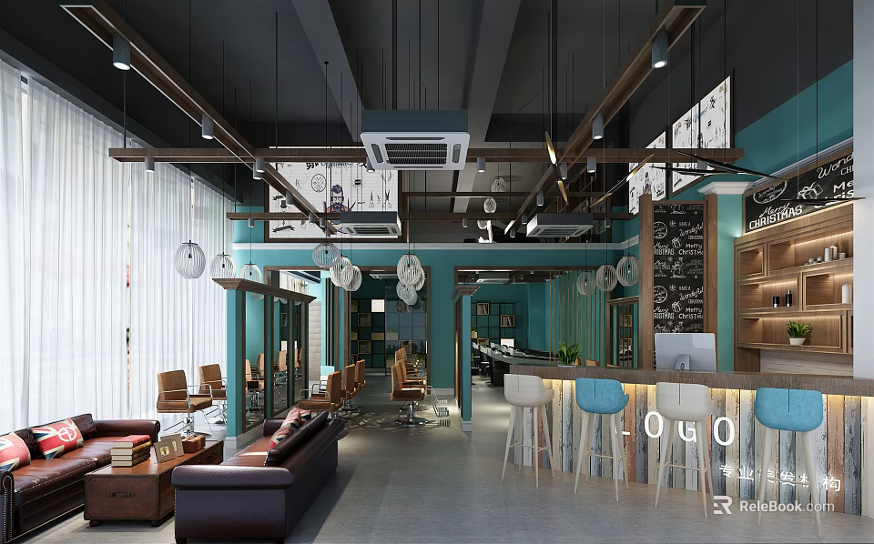 Modern Hair Beauty Salon Interior Design With Blue Walls Brown Sofas And Styling Chairs 3d model 