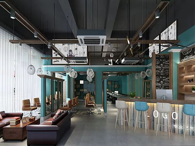 Modern Hair Beauty Salon Interior Design With Blue Walls Brown Sofas And Styling Chairs 3d model