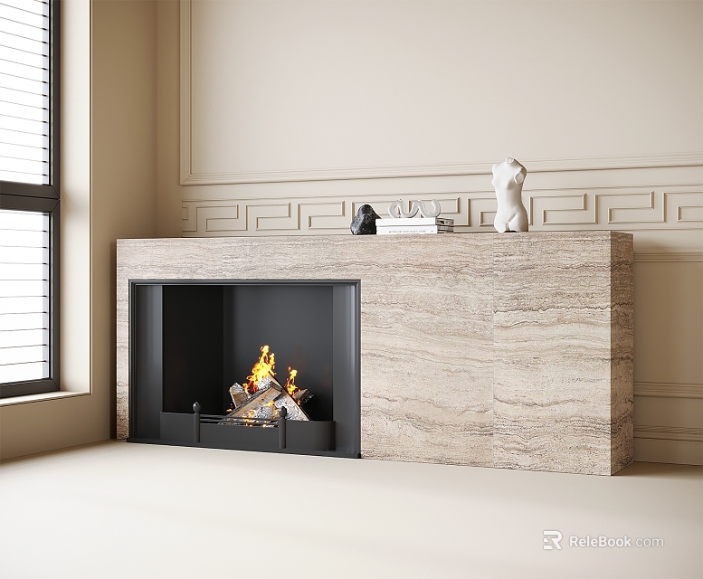 Marble Fireplace with Burning Fire Decorative Statue on Mantel and Paneled Wall 3d model 