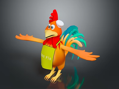 Cartoon Flying Animal Chicken With Red Comb White Hat Green Apron And Spread Wings 3d model