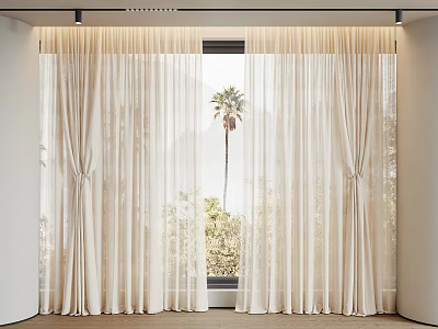 Sheer Light Beige Curtains Tied Back By Window With Palm Tree View Inside 3d model