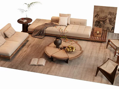 Modern Beige Sofa and Round Wooden Coffee Table Set with Decorative Vase Fruits and Plant 3d model