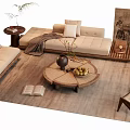 Modern Beige Sofa and Round Wooden Coffee Table Set with Decorative Vase Fruits and Plant