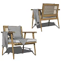 Modern Wooden Leisure Chair With Woven Backrest Gray Cushion And Throw Blanket