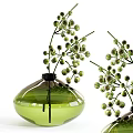 Green Glass Vase With Curved Transparent Body Holding Fresh Green Round Bud Flower Branches