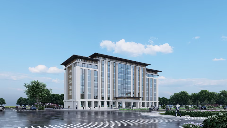 Modern Office Building With Glass Curtain Walls Stone Facade And Landscaped Trees Under Blue Sky 3d model 