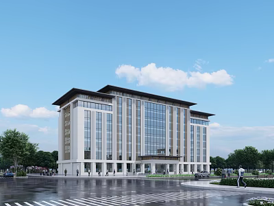 Modern Office Building With Glass Curtain Walls Stone Facade And Landscaped Trees Under Blue Sky 3d model