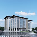 Modern Office Building With Glass Curtain Walls Stone Facade And Landscaped Trees Under Blue Sky