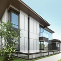 Modern Detached Villa Featuring Large Glass Windows Gray Exterior Walls Balcony and Green Garden