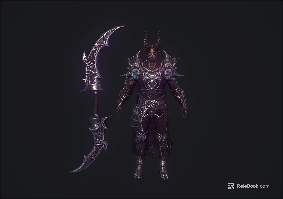 Dark Fantasy Game Character With Horned Armor And Large Intricate Curved Scythe Weapon 3d model 