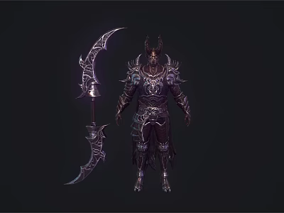 Dark Fantasy Game Character With Horned Armor And Large Intricate Curved Scythe Weapon 3d model
