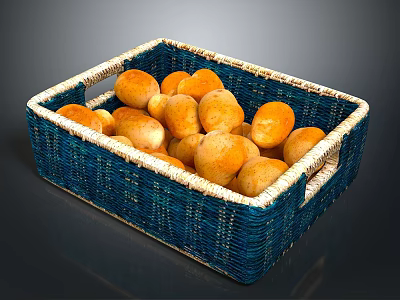 Fresh Small Bread Rolls Filled in Blue Woven Basket on Dark Background 3d model