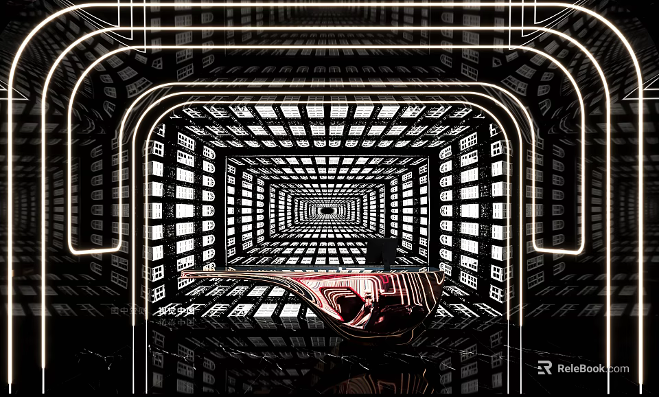 Modern KTV Interior With Neon Lights Red Glowing Guitar And Reflective Floor 3d model 