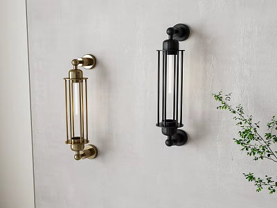 Modern Gold And Black Wall Lamps Mounted On Light Gray Wall With Green Foliage 3d model