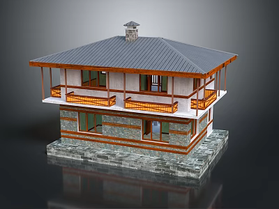 Two Story Residential Building with Gray Roof Chimney Stone Exterior And Wooden Balcony Railings 3d model