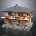 Two Story Residential Building with Gray Roof Chimney Stone Exterior And Wooden Balcony Railings