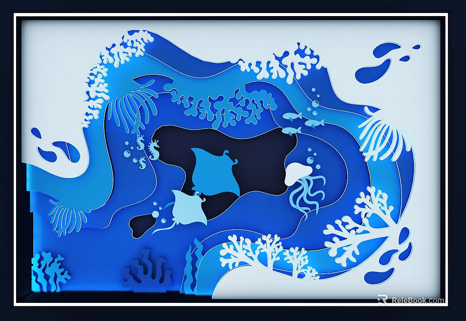 Window Display Decoration Ocean Theme Paper Cut Style With Waves Coral Jellyfish And Fish Elements 3d model 