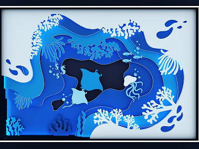 Window Display Decoration Ocean Theme Paper Cut Style With Waves Coral Jellyfish And Fish Elements 3d model