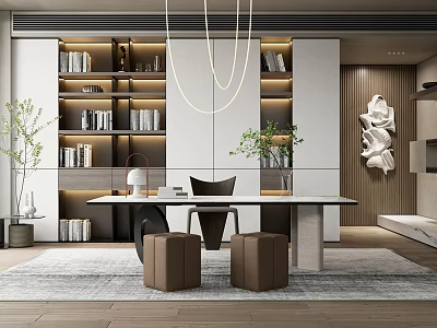 Modern Office Interior Design With Open Layout Desk Bookshelves Plants And Chandelier 3d model