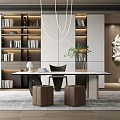 Modern Office Interior Design With Open Layout Desk Bookshelves Plants And Chandelier