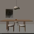 Modern Wooden Tea Table and White Cushioned Stools with Pendant Light and Decorative Painting