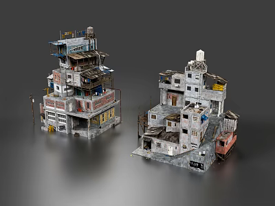 Shabby Multi Story Building Models With Cluttered Balconies And Stairs For Scene 3d model