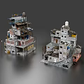 Shabby Multi Story Building Models With Cluttered Balconies And Stairs For Scene