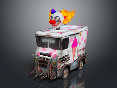 White Ice Cream Truck With Clown Head Flame Pink Polka Dots And Ice Cream Design 3d model