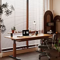 Modern Wooden Desk With Laptop Showing 214 Table Lamp Books And Black Office Chair