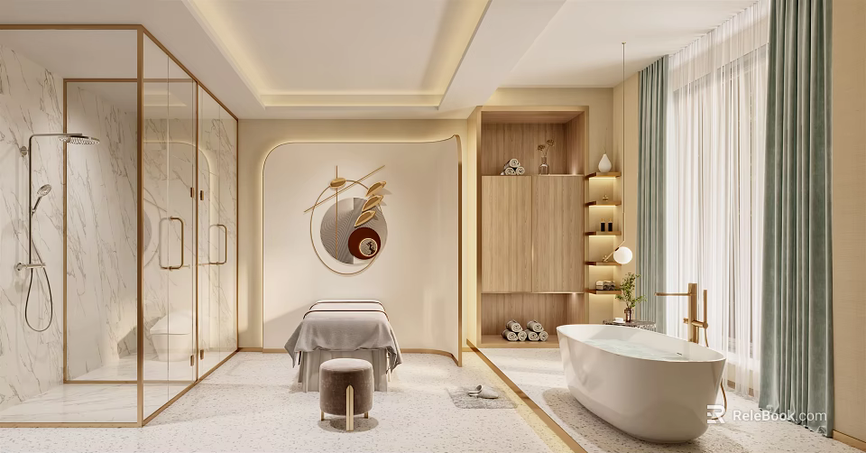 Luxury SPA Sauna With Massage Table Bathtub Glass Partition Wooden Cabinets Warm Tones Modern Design 3d model 